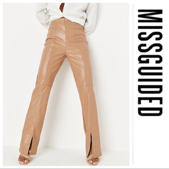 mocha faux leather split front pants